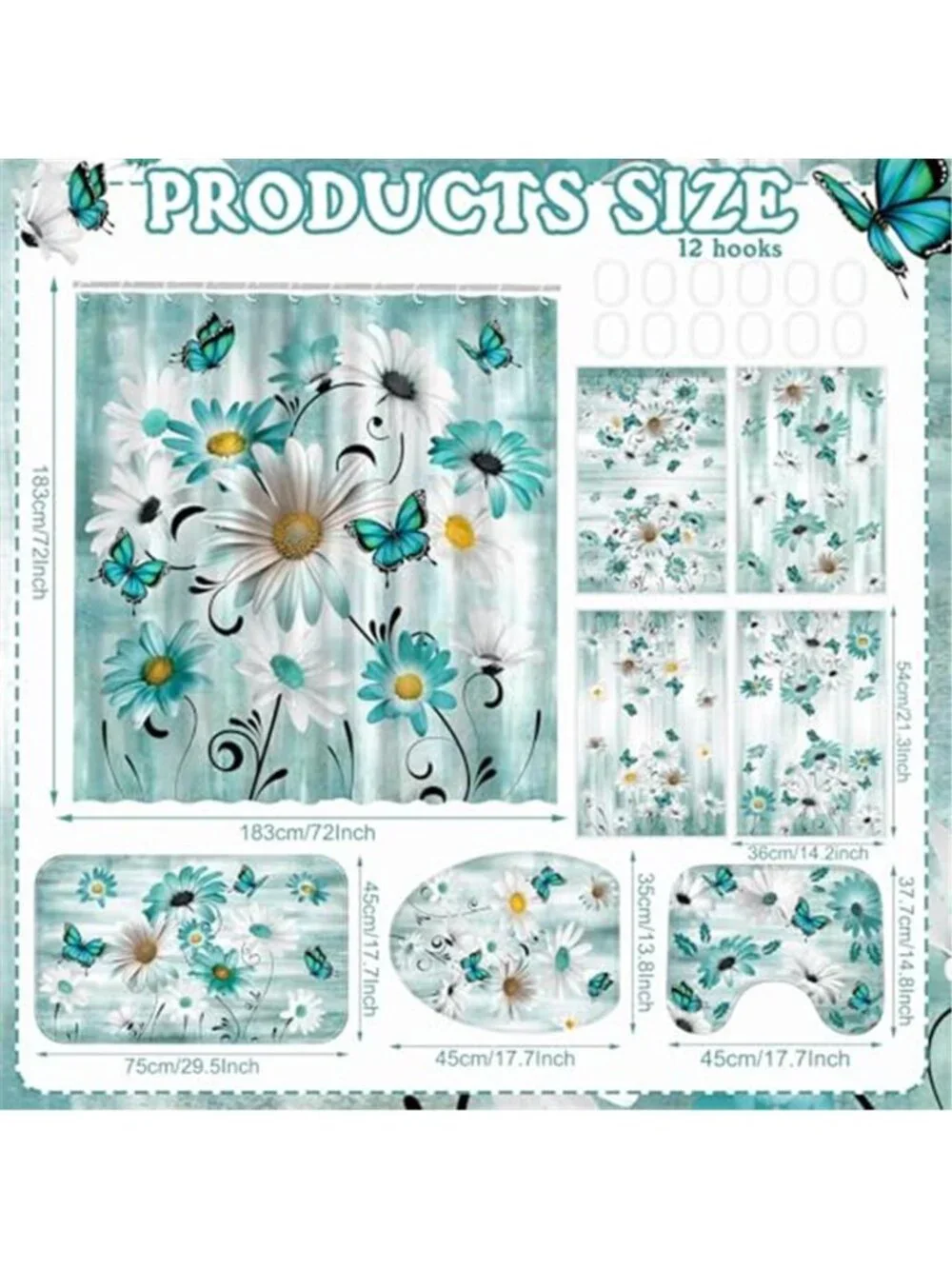 Teal Daisy Butterfly Shower Curtain Set Rugs Towels Bath Mat Toilet Cover Hooks